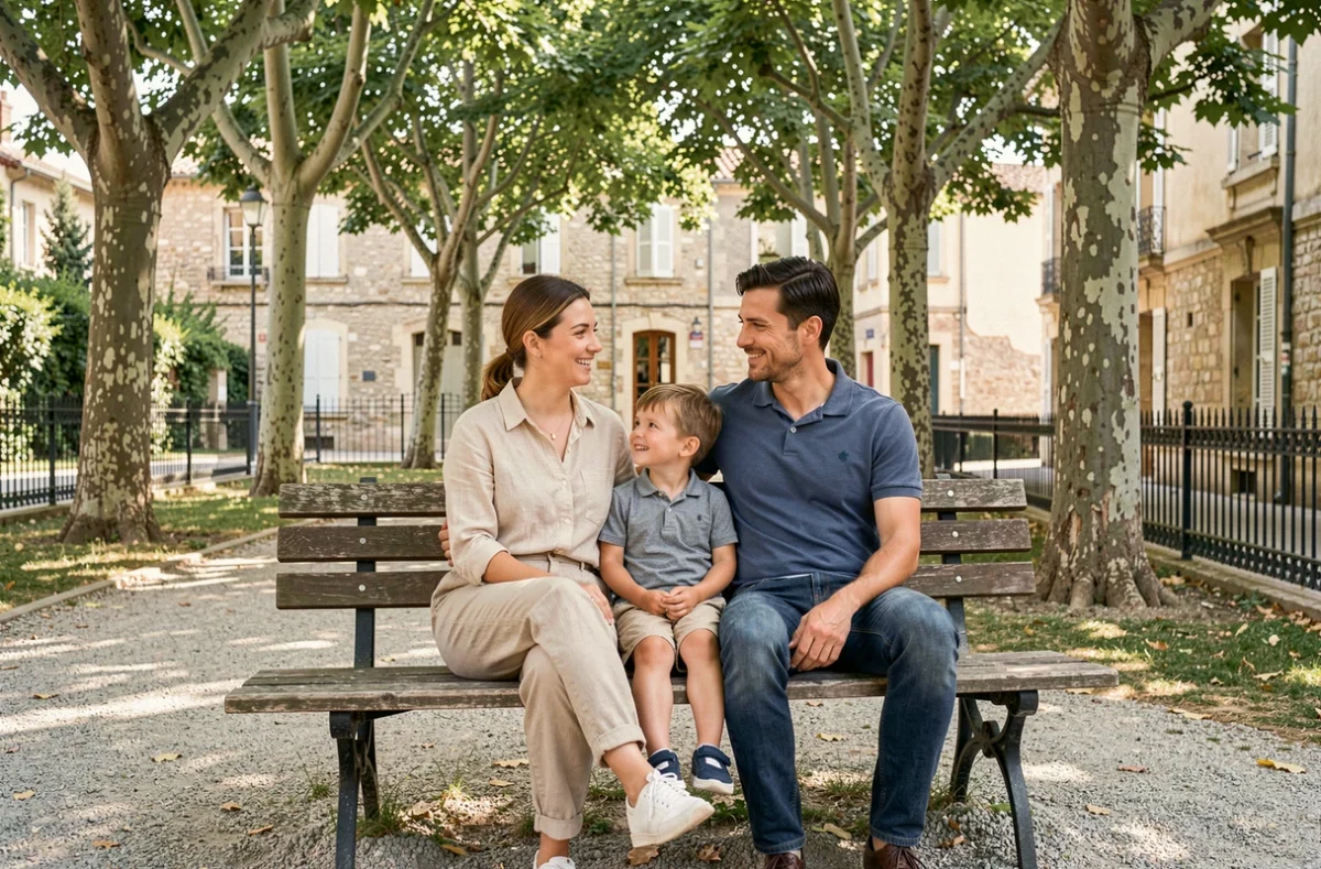 Famille avec enfants assise dans un parc du centre-ville de Narbonne entourée d'arbres et de bâtiments historiques