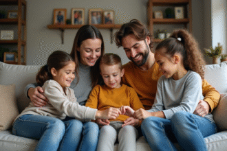 Famille recomposée partageant un jeu de société dans un salon chaleureux