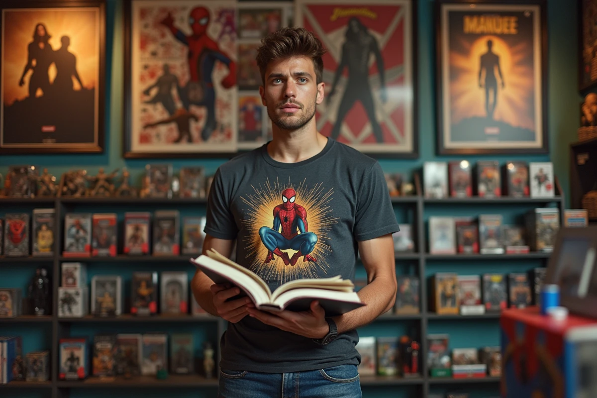 Fan de cinéma tenant un comic Spider-Man devant un mur de merchandising dans une boutique de culture pop
