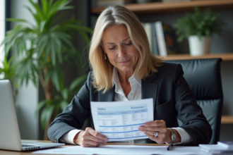 Femme d affaires examine un relevé de pension dans un bureau