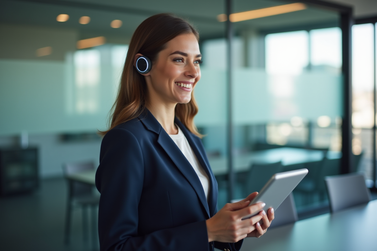 Jeune femme d'affaires souriante avec traducteur numérique