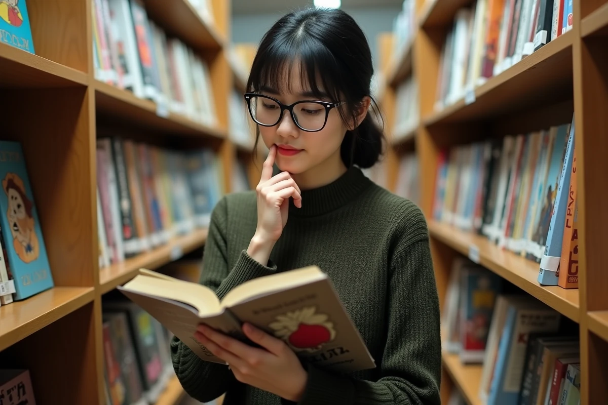 Femme adulte analysant un volume de manga One Punch Man dans une bibliothèque organisée