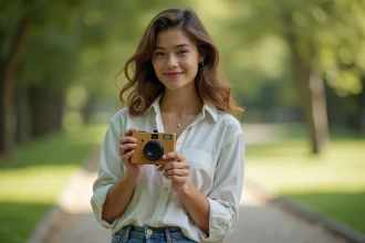 Jeune femme tenant un appareil photo jetable réutilisable en extérieur dans un parc verdoyant
