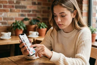 Jeune femme utilisant une application de rencontres Faljam sur smartphone dans un café, illustrant l'algorithme de mise en relation