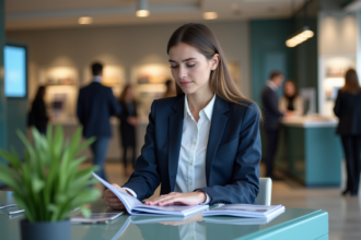 Jeune femme en costume dans une banque moderne