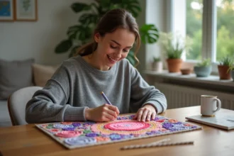 Jeune femme arrangeant des perles de diamants sur une toile colorée