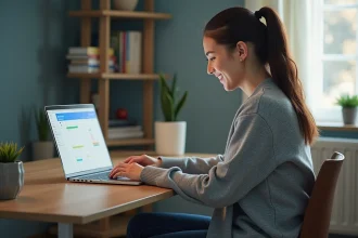 Jeune femme au bureau avec calendrier Google affiché