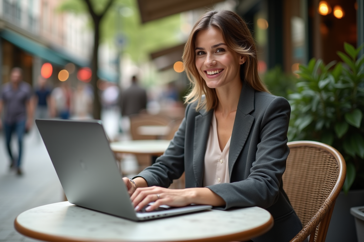 Femme souriante travaillant sur son ordinateur dans un café en plein air
