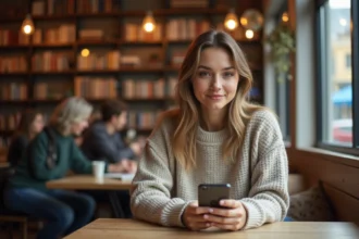 Femme assise au café regardant son smartphone