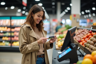 Femme souriante en trench et jeans scanne des courses