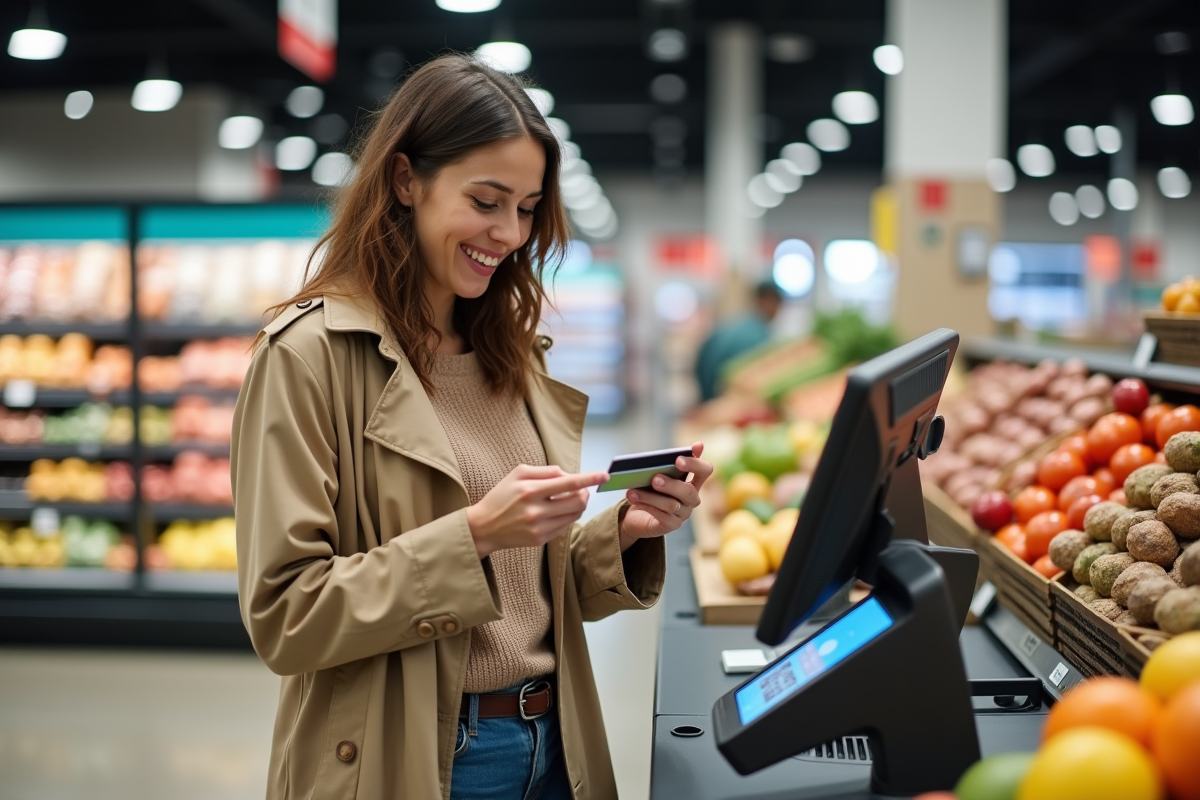 Femme souriante en trench et jeans scanne des courses