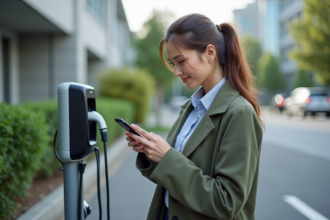 Femme en business casual chargeant sa voiture électrique