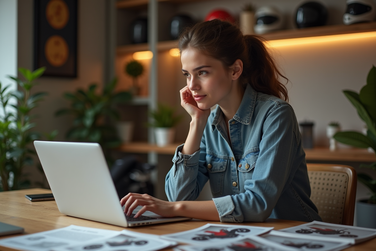 Jeune femme compare brochures de motos dans son appartement