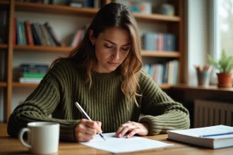 Femme relisant une lettre manuscrite en français et corrigeant une faute d'orthographe à son bureau