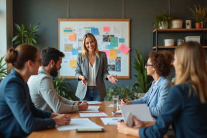 Femme confiante discutant d'idées de branding avec collègues