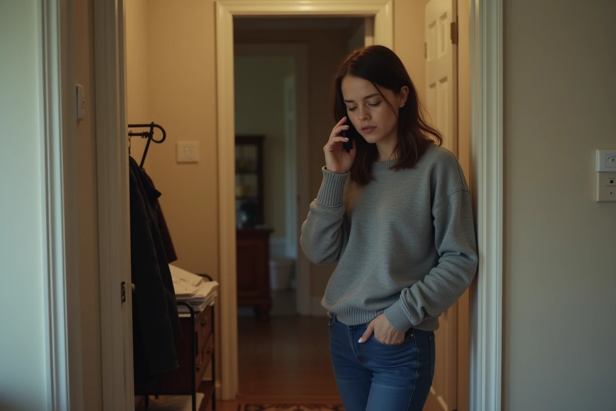 Jeune femme à la porte de son appartement avec téléphone à l