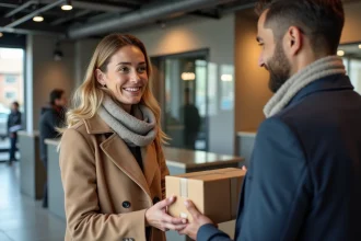 Femme souriante remettant un colis à un employé au comptoir