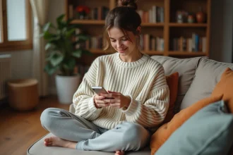 Jeune femme souriante en pull douillet qui envoie un message affectueux sur son smartphone dans un salon cosy