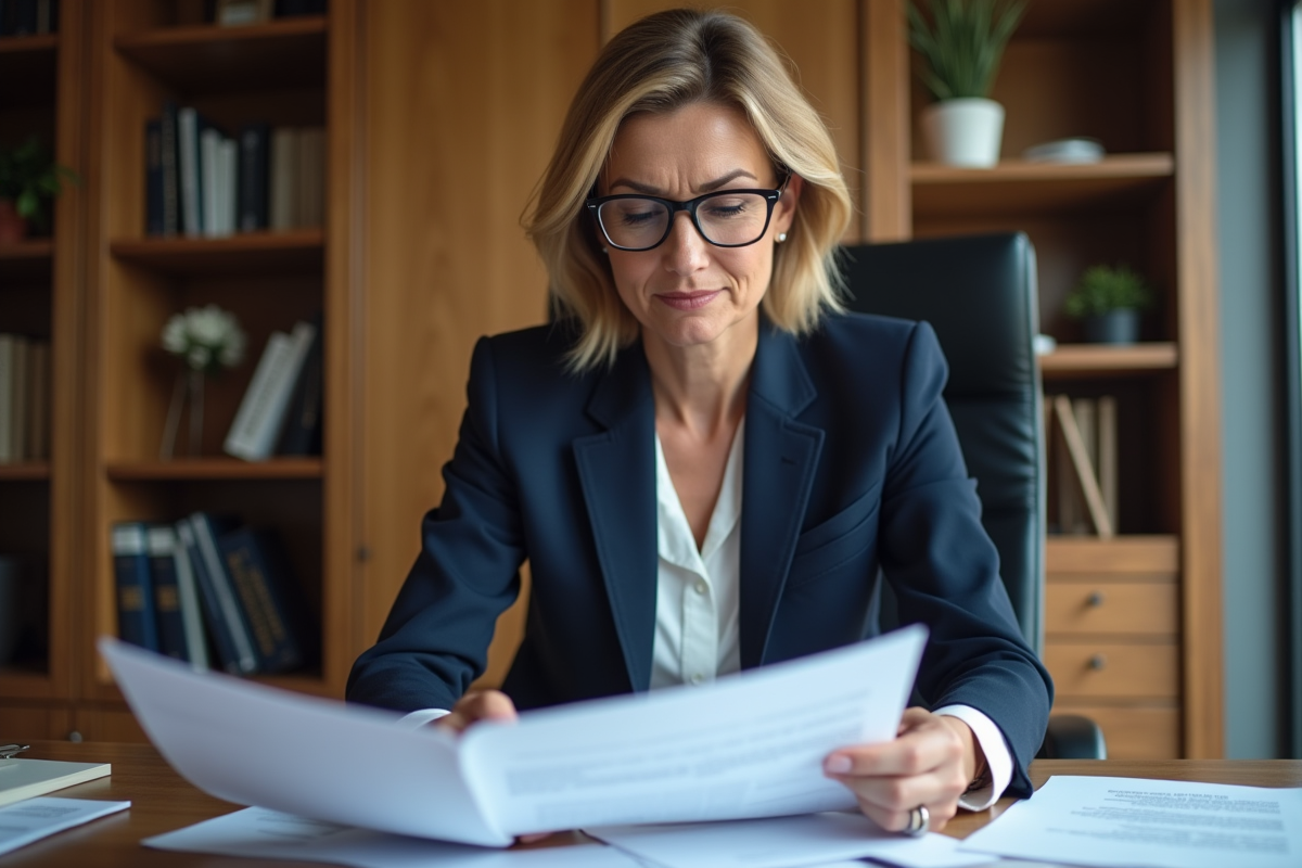 Femme en blazer bleu examinant documents fiscaux au bureau