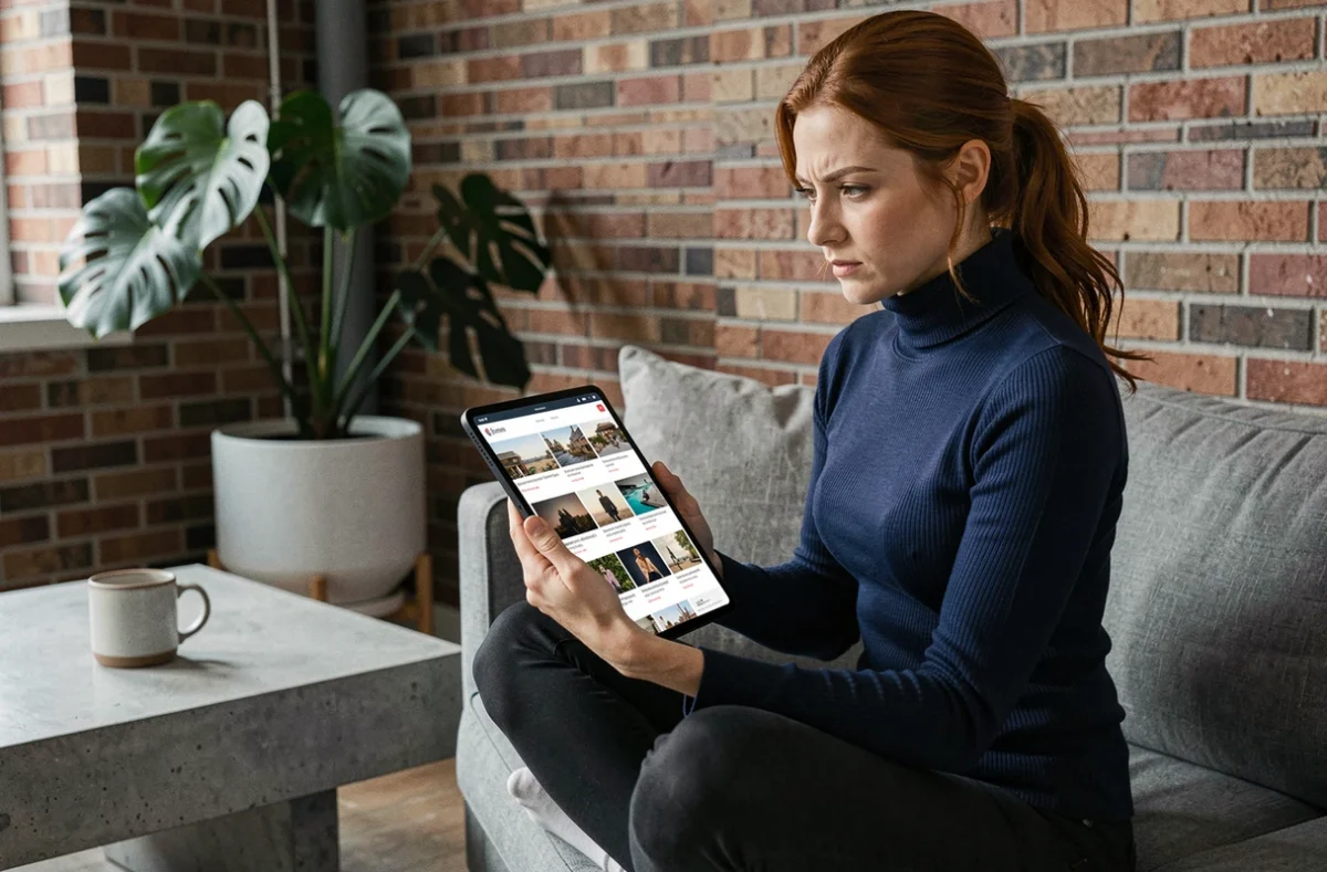 Jeune femme naviguant sur une tablette pour explorer des alternatives à des sites de partage de fichiers dans un appartement urbain moderne