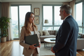 Femme en blazer discutant avec agent immobilier dans un appartement moderne