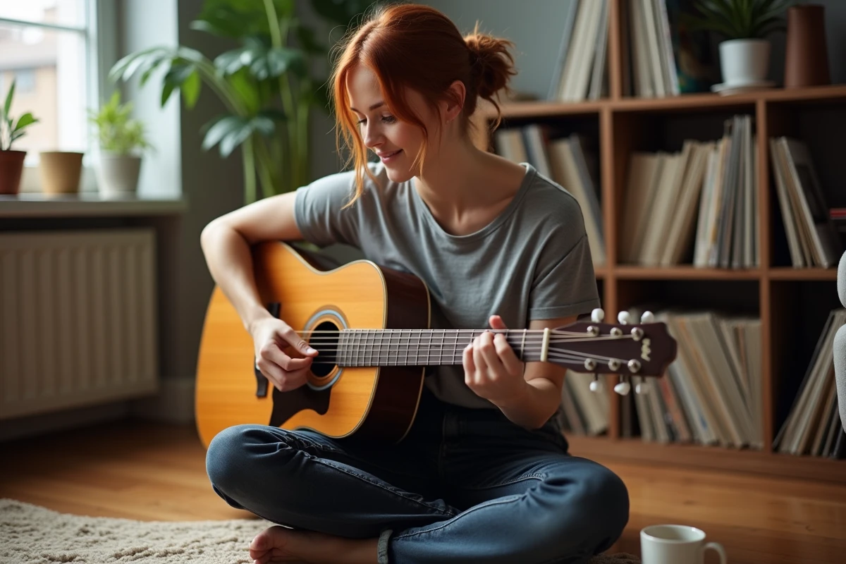 Jeune femme jouant une guitare Atlantic dans un appartement, ambiance détendue pour choisir entre neuve et occasion