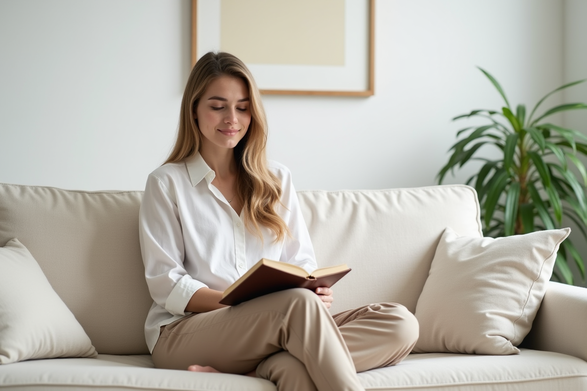 Jeune femme lisant dans un salon lumineux et minimaliste