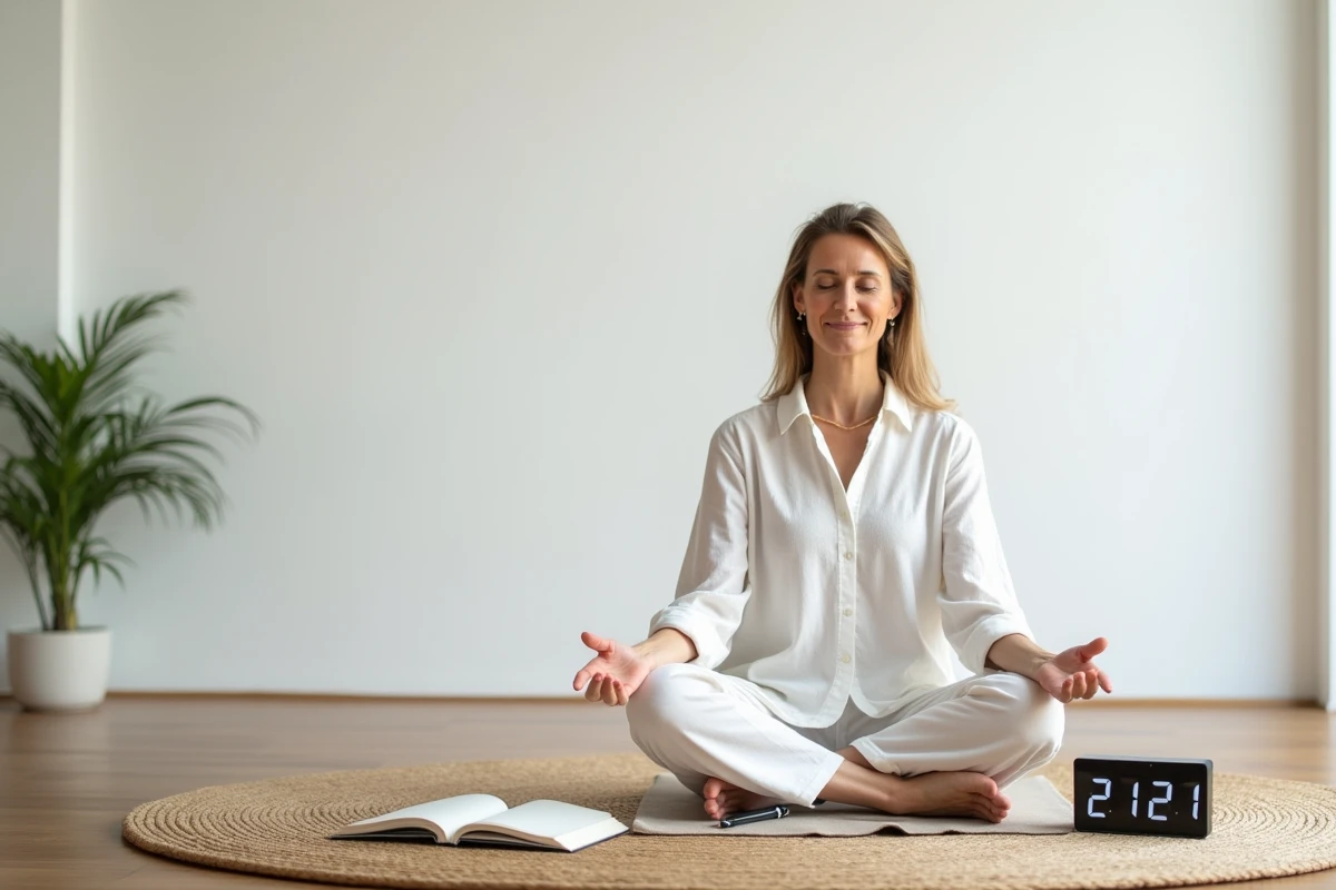 Femme en méditation près d'une horloge affichant 21h21 avec un journal ouvert, illustrant la symbolique de l'heure miroir
