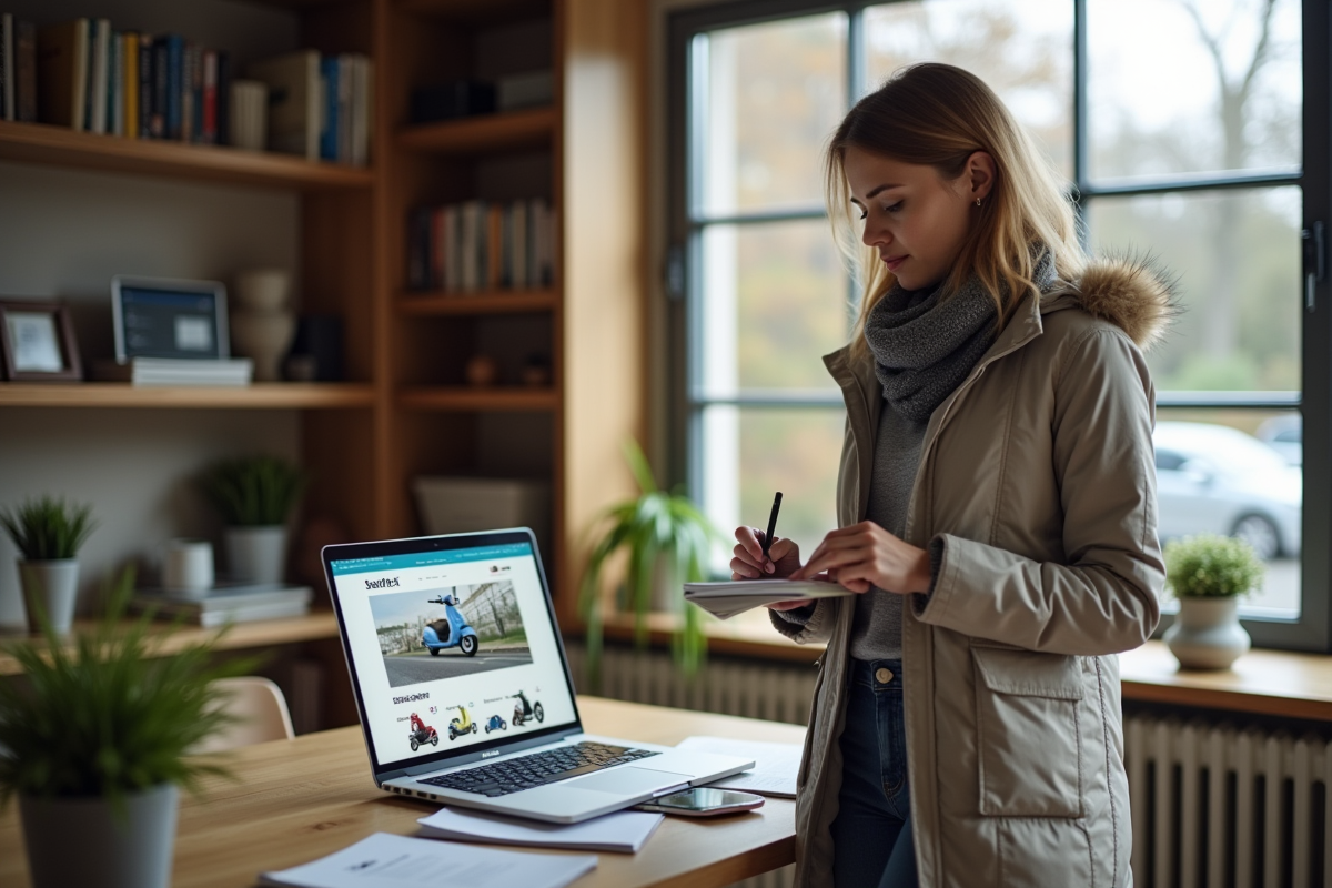 Femme dans un bureau regardant un site scooter
