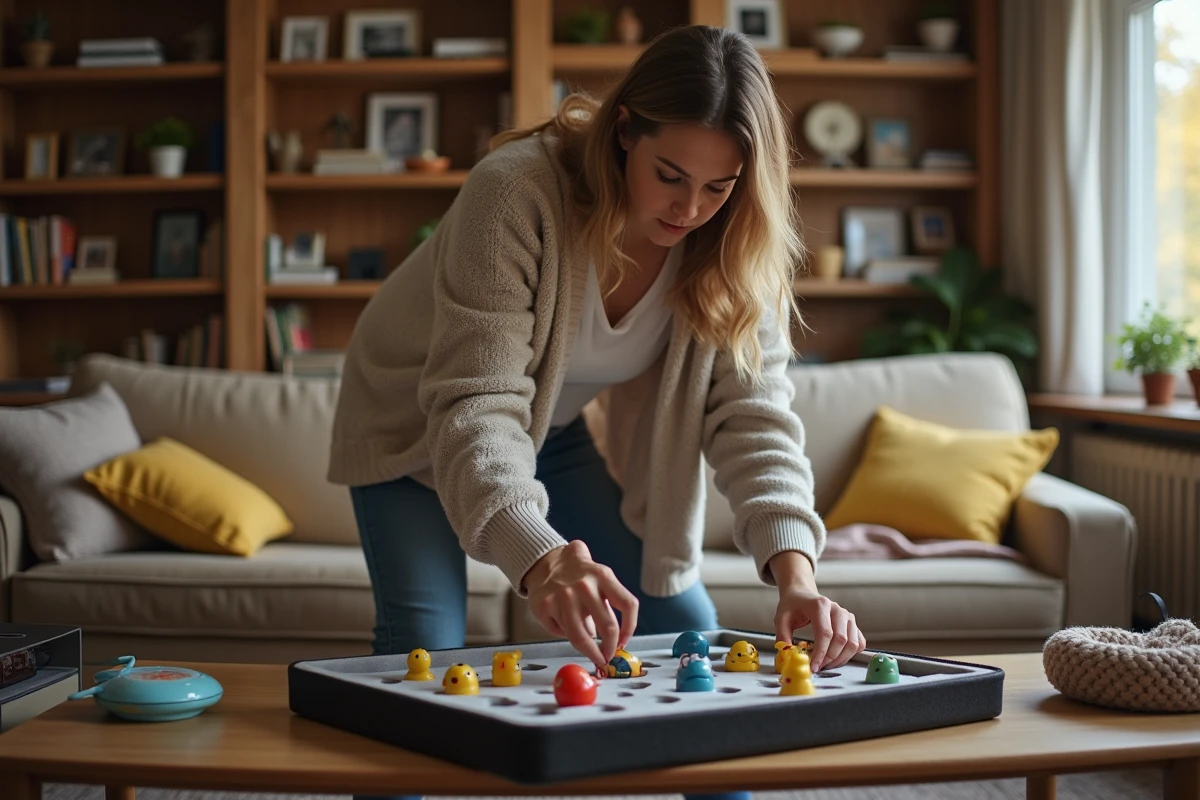 Femme disposant des jetons Pokémon dans une boîte de rangement