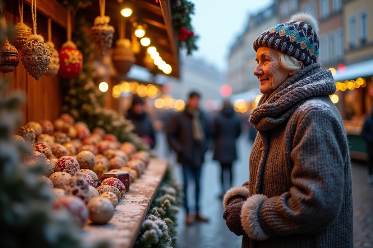 Femme âgée regardant des ornaments artisanaux à Lyon