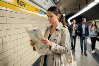 Femme consultant un plan RATP sur un quai de métro parisien le week-end