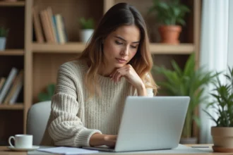 Femme concentrée vérifiant ses paramètres de confidentialité