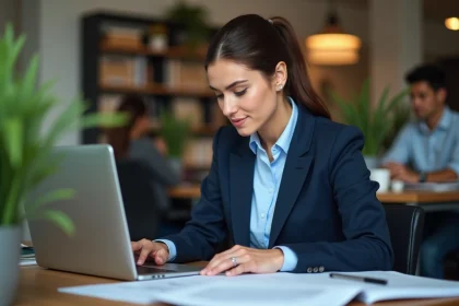 Femme cadre intermédiaire travaillant dans un bureau ouvert, représentant les professions intermédiaires entre ouvriers et cadres