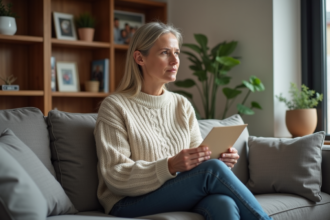 Femme d'âge moyen tenant une lettre dans un salon chaleureux