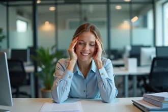 Femme en réflexion dans un bureau moderne