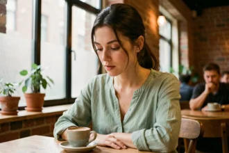 Femme aux yeux baissés dans un café, expression contemplative et introspective, illustration de la signification du regard baissé