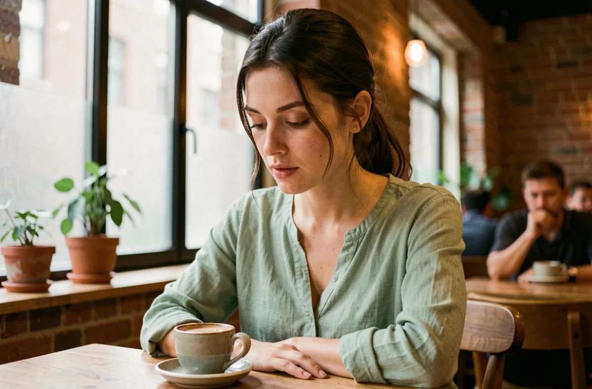 Femme aux yeux baissés dans un café, expression contemplative et introspective, illustration de la signification du regard baissé