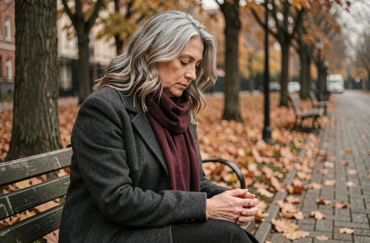Femme mature aux yeux baissés assise sur un banc de parc en automne, expression pensive illustrant la signification du regard féminin vers le bas