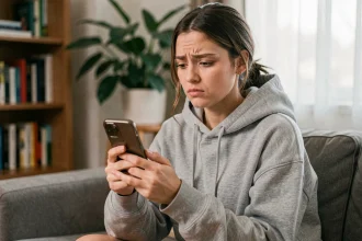Jeune femme perplexe regardant ses stories Instagram sur son téléphone, assise seule sur un canapé