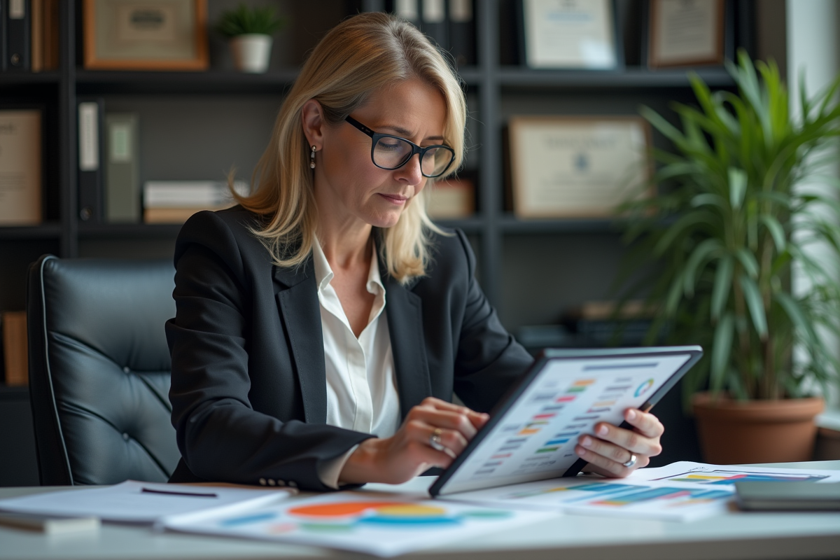 Femme RH examinant un flowchart sur tablette dans un bureau