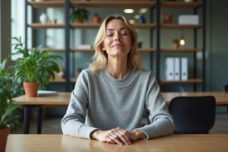 Femme en pause calme dans un bureau lumineux