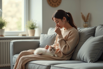 Jeune femme dans un salon avec chat et allergie