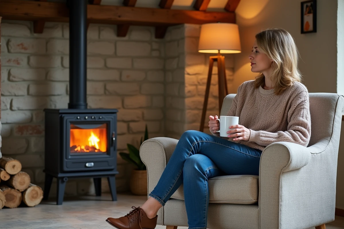 Femme assise près d un poêle à granulés dans un salon normand
