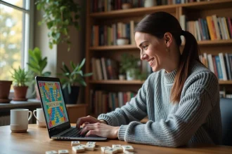 Femme jouant au Scrabble en ligne sur un ordinateur portable depuis son bureau à domicile