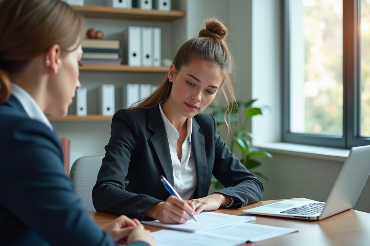 Jeune femme signant un formulaire dans un bureau lumineux