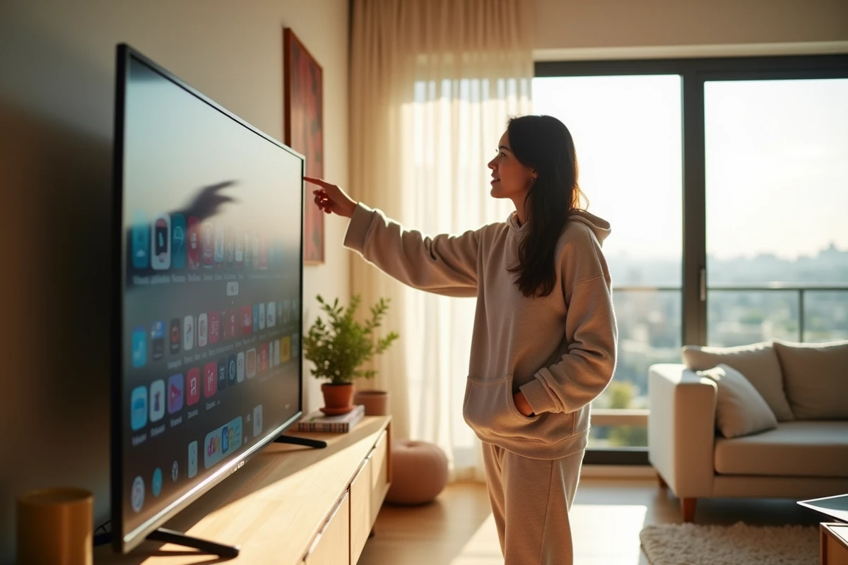 Jeune femme pointant linterface d une application sur la TV