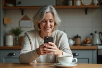 Femme d'âge moyen utilisant son smartphone dans la cuisine