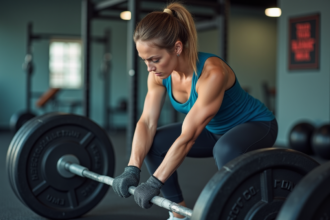 Jeune femme en salle de sport ajuste des poids