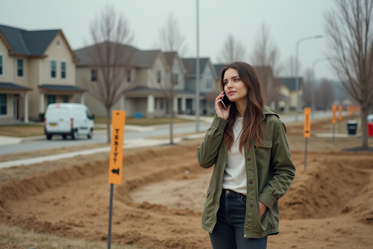 Jeune femme en veste olive surveille un lot en construction